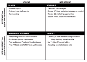An example of what a Veterinary Practice Manager's Eisenhower Matrix might look like.