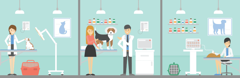Cartoon image of different exam rooms with veterinarians and pets.