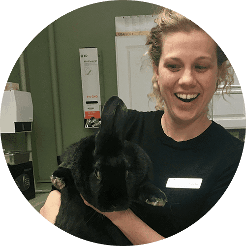 Sarah Susut and an animal at her veterinary clinic