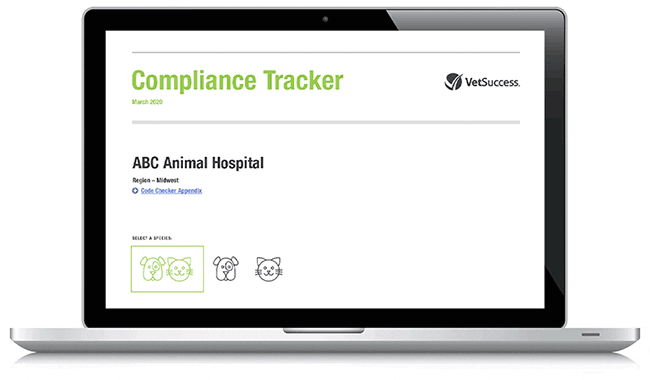 A laptop with an animated screen, showing each page of the VetSuccess Compliance Tracker