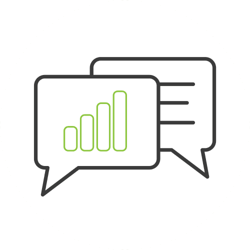 Two speech bubble icons, one with a graph in it, representing data discussion in the performance review call