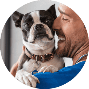 A closeup of a veterinarian holding a dog