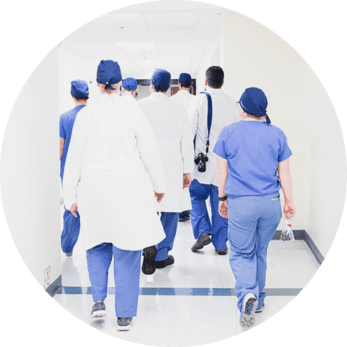 A group of veterinary professionals walking down a hallway in scrubs
