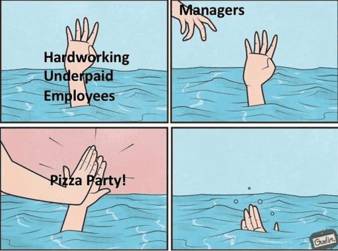 A meme depicting managers rewarding struggling employees with a pizza party, and a high five