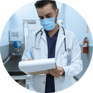 A veterinarian writing in a notepad.