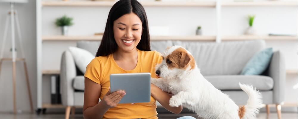 happy woman looking at her tablet, with dog begging for attention