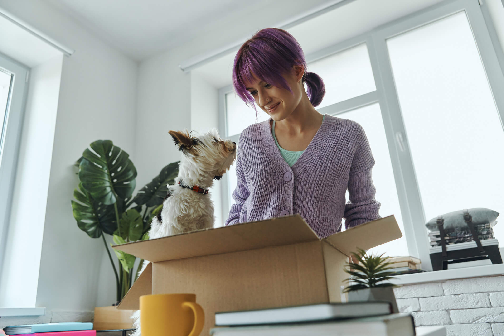 Young woman unpacks box while her small dog watches
