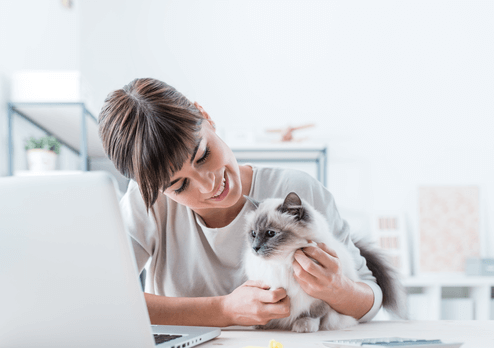 woman in front of laptop smiling at her white and black cat