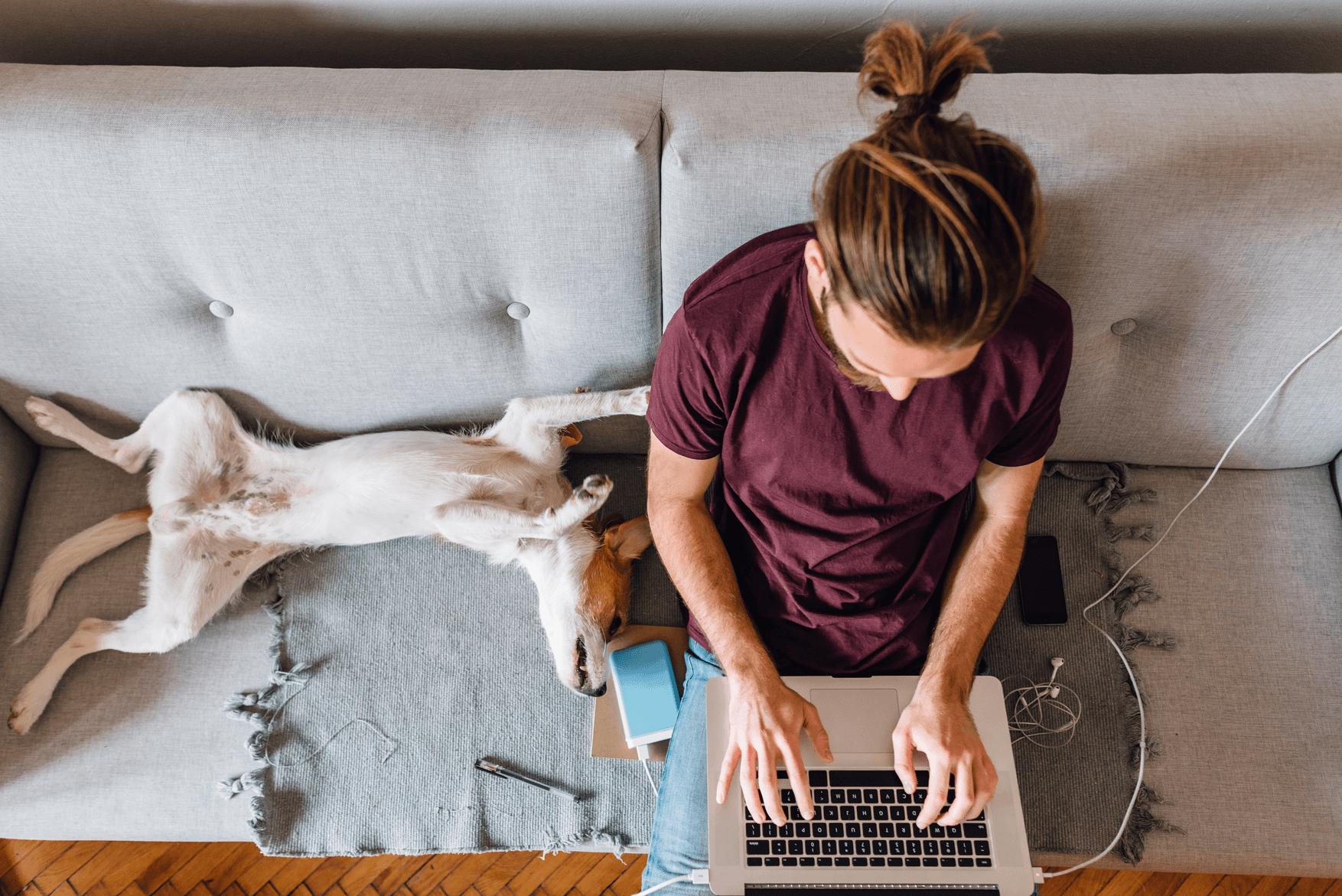 Aerial view of person sitting on couch with laptop, smaller white terrier stretched out next to them