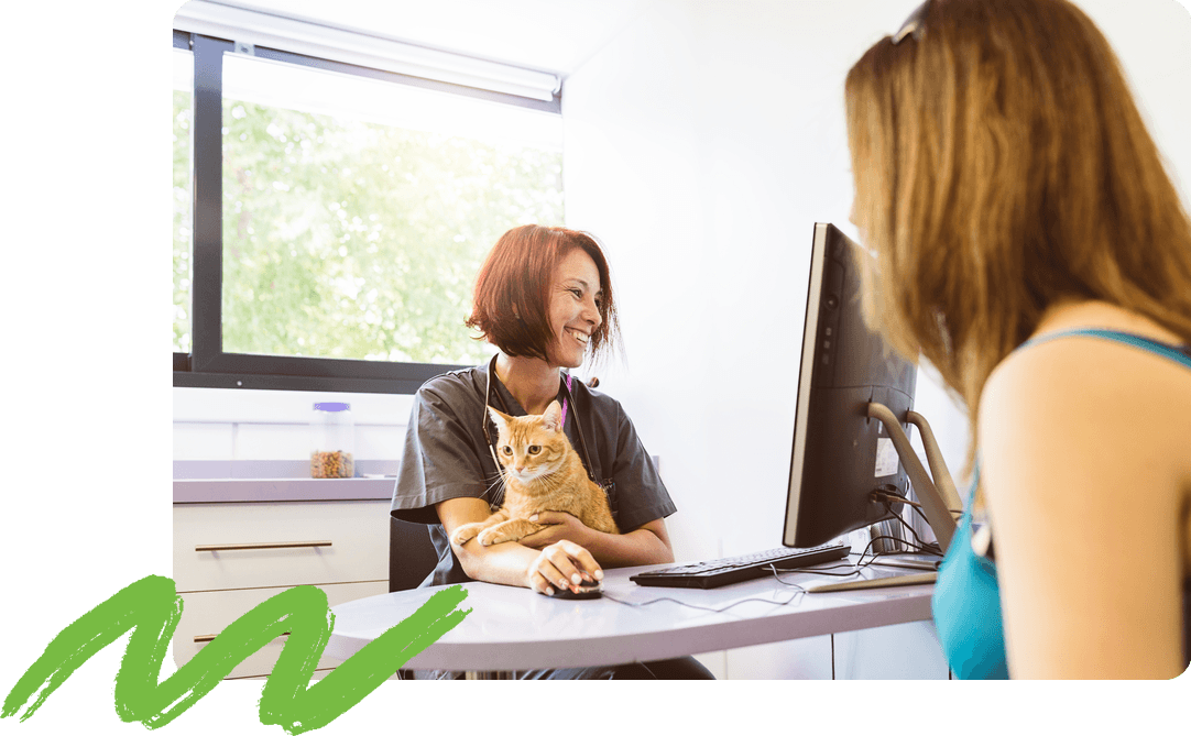 vet staff at computer with pet owner and pet